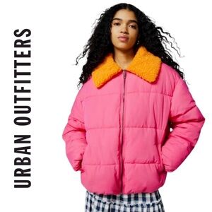 Urban Outfitters Neon Pink Duckie Faux Shearling Women Small Puffer Jacket NEW